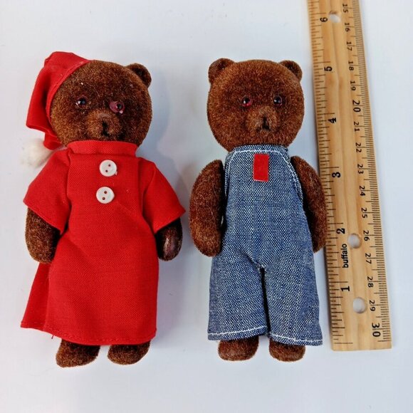 Set Of 2 Vintage Brown Bear Figurine Flocked Denim Outfit 5” Toy Arms Legs Move - Picture 3 of 5